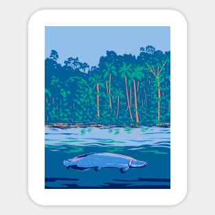 Arapaima in the Amazon River or Río Amazonas in South America WPA Art Deco Poster Sticker